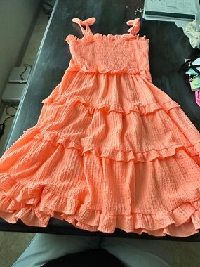 Planet Gold Coral Pink Tiered Ruffle Sundress with Bow Straps